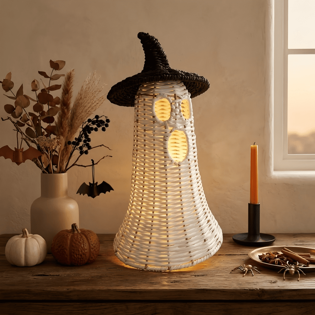 Handwoven Wicker Ghost with Detachable Witch Hat Lid - Rustic Rattan Style Spooky Lantern Centerpiece Halloween Decoration, Dark Botanical & Farmhouse Tabletop Mantle Decor, 13.78", Black & White