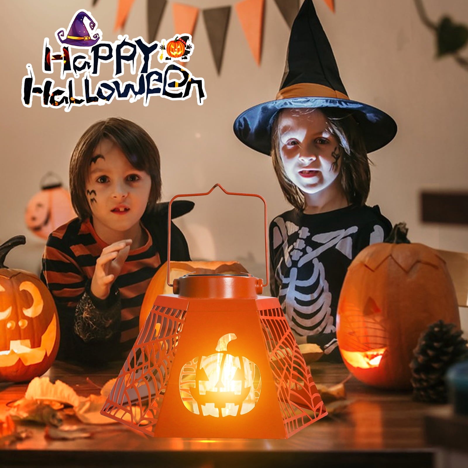 2PCS Halloween Pumpkin & Spider - Web Solar Lantern – Orange Metal Cutout Design with Jack - o'- Lantern Motifs, Solar - Powered LED Light for Garden, Patio & Festive Decor,2 PACK