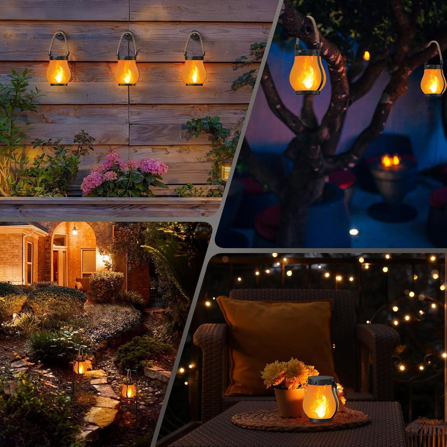 Gkcity Solar Lanterns Outdoor with Ultra-Real Flame, Dual Charging (USB/Solar), 2 Modes & Outdoor Waterproof Design, Decorative Hanging/Table Lights for Yard Patio Garden, Halloween Camp Gear, 2 Pack