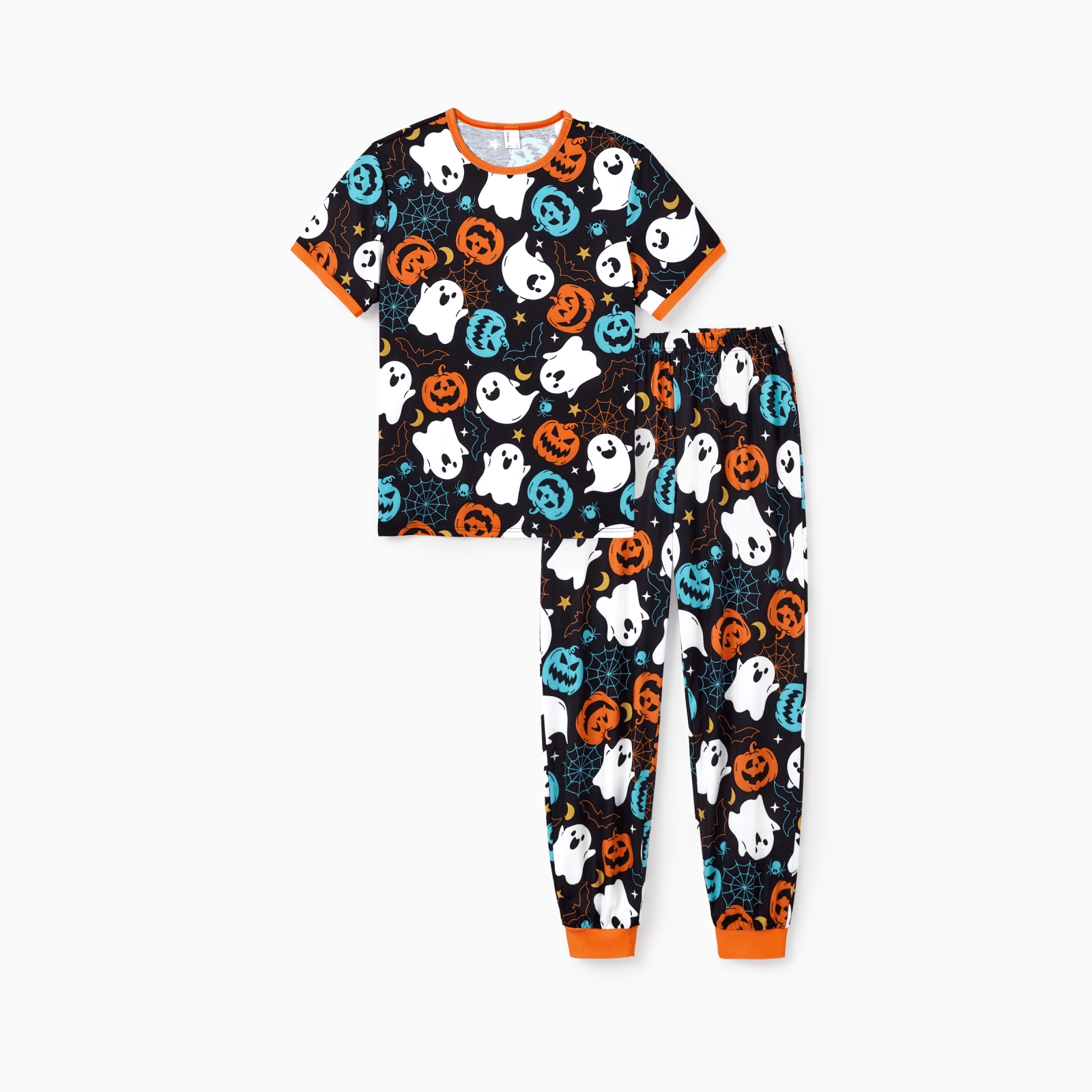 PatPat Halloween Pajamas Men 2 Piece Top & Pants Pjs Sets Family Matching Ghost and Pumpkin Allover Print Short Sleeve Sleepwear, Black, XL