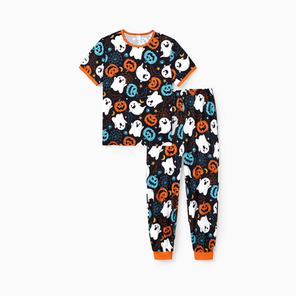 PatPat Halloween Pajamas Men 2 Piece Top & Pants Pjs Sets Family Matching Ghost and Pumpkin Allover Print Short Sleeve Sleepwear, Black, XL
