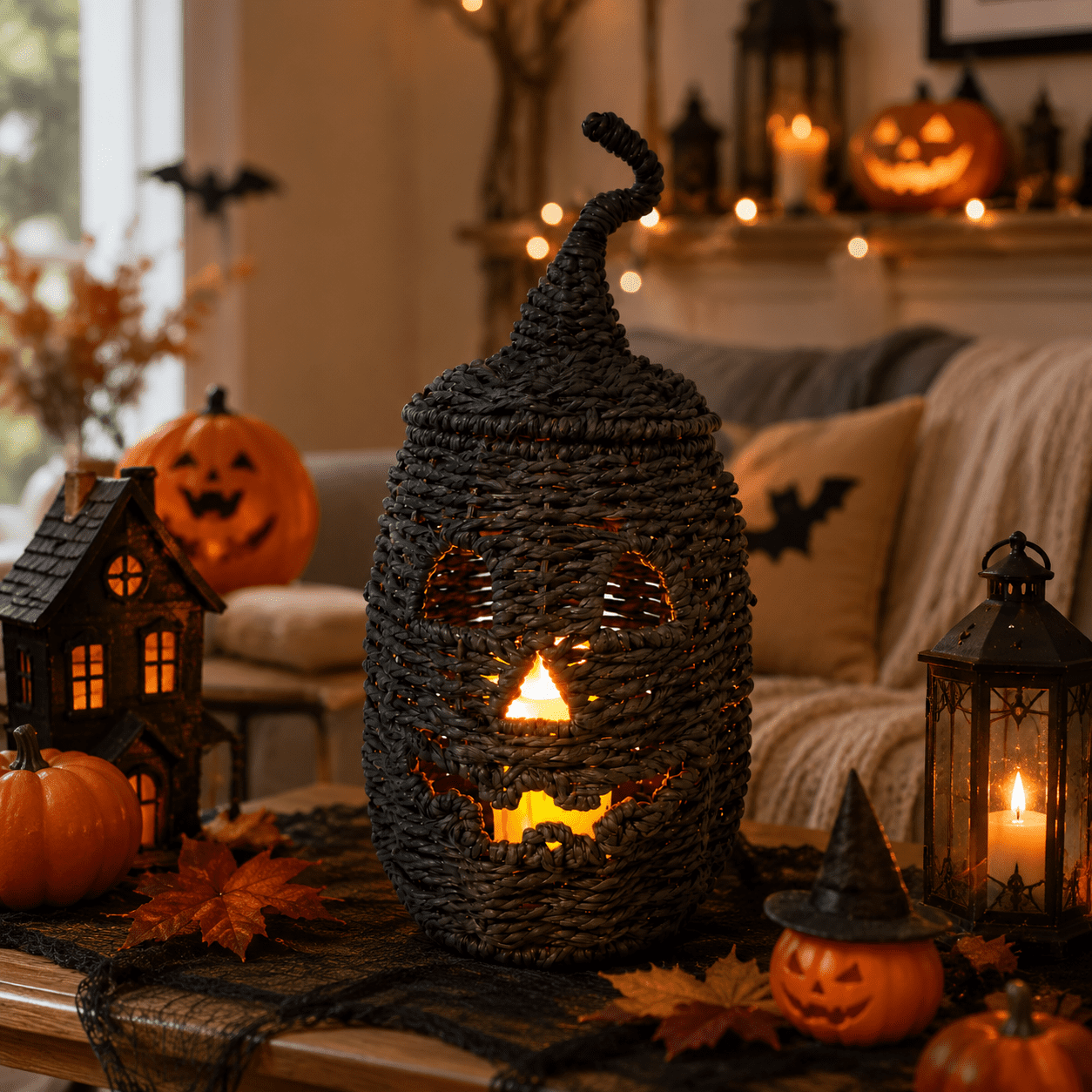 Halloween Woven Pumpkin Jack-O'-Lantern with LED Candle, Hand-Woven Rattan Fall Pumpkin Lantern Decor for Home Tabletop, Mantel, Spooky Haunted House Party Supplies Halloween Decorations Gifts