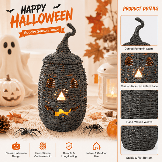 Halloween Woven Pumpkin Jack-O'-Lantern with LED Candle, Hand-Woven Rattan Fall Pumpkin Lantern Decor for Home Tabletop, Mantel, Spooky Haunted House Party Supplies Halloween Decorations Gifts