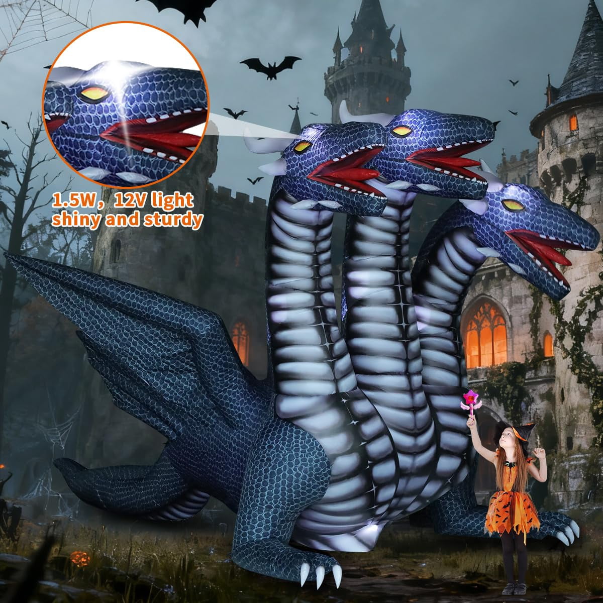 COMIN 15.6 FT Long Animated Halloween Inflatables Outdoor Decorations Black Hydra Dragon - Giant Yard Blow Up Decoration Built-in LED Lights for Halloween Party Yard Lawn Garden Patio Decor