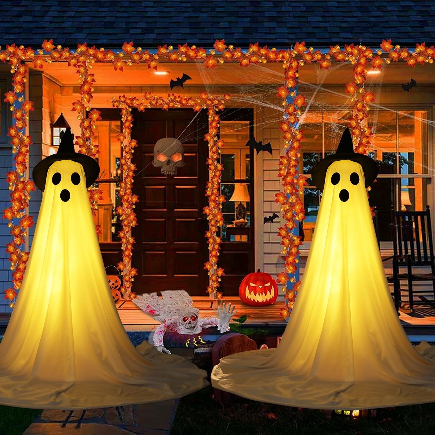 DAKIMOE Halloween Decorations Outdoor Indoor Halloween Party Decorations Indoor,Spooky Ghost Decor with String Lights,Halloween Ghost Lights for Porches Yards Gardens Lawn 2 Pack