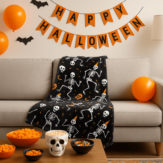 The Big One Plush Halloween Throw Blanket, Party Skeletons Design, Black Cozy 60" x 72"
