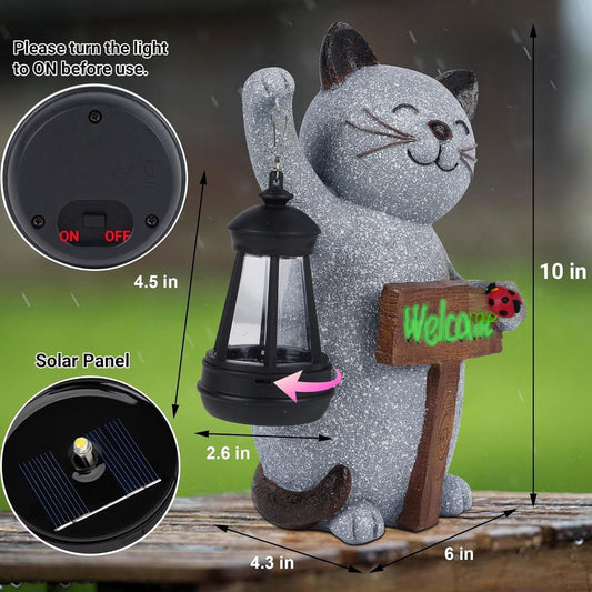 Halloween Decorations Solar Cat Statue Light Garden Decor, Led Home Outside Decor for Patio Yard Pool Front Porch Flower Pots, Solar Powered Welcome Cat Lantern Gardening Gifts