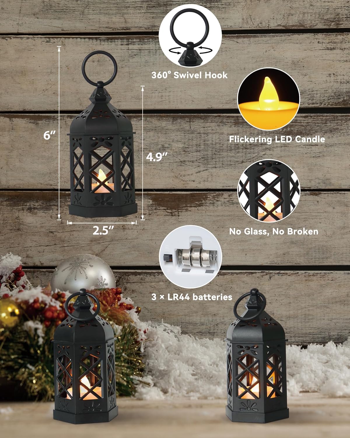 Micrency 12-Pack Mini Lanterns with Flickering LED Candles, Moroccan Style Decorative Hanging Lanterns for Halloween, Christmas, Wedding, Black Lantern for Table Centerpiece, Home & Party Decor