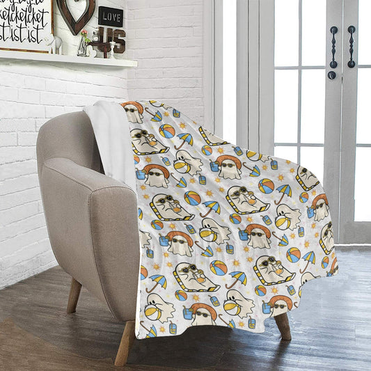 Summerween Beach Ghost Throw Blanket, Cute Ghosts in Sunglasses with Beach Balls & Umbrellas, Cozy Soft Blanket for Bed Couch, 40x50in