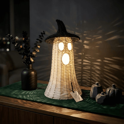 Handwoven Wicker Ghost with Detachable Witch Hat Lid - Rustic Rattan Style Spooky Lantern Centerpiece Halloween Decoration, Dark Botanical & Farmhouse Tabletop Mantle Decor, 13.78", Black & White