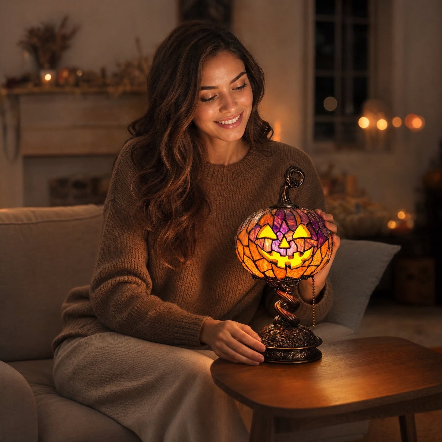 SCNOR Vintage Stained Glass Pumpkin Table Lamp, USB Powered Jack O Lantern Night Light for Halloween Fall Mantel Decor