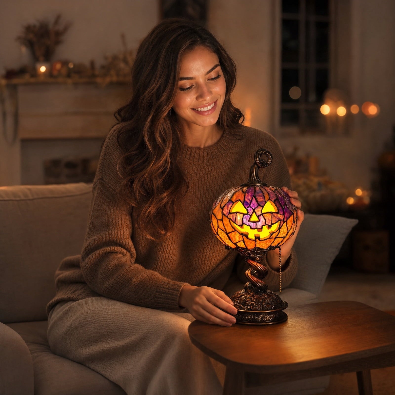 SCNOR Vintage Stained Glass Pumpkin Table Lamp, USB Powered Jack O Lantern Night Light for Halloween Fall Mantel Decor