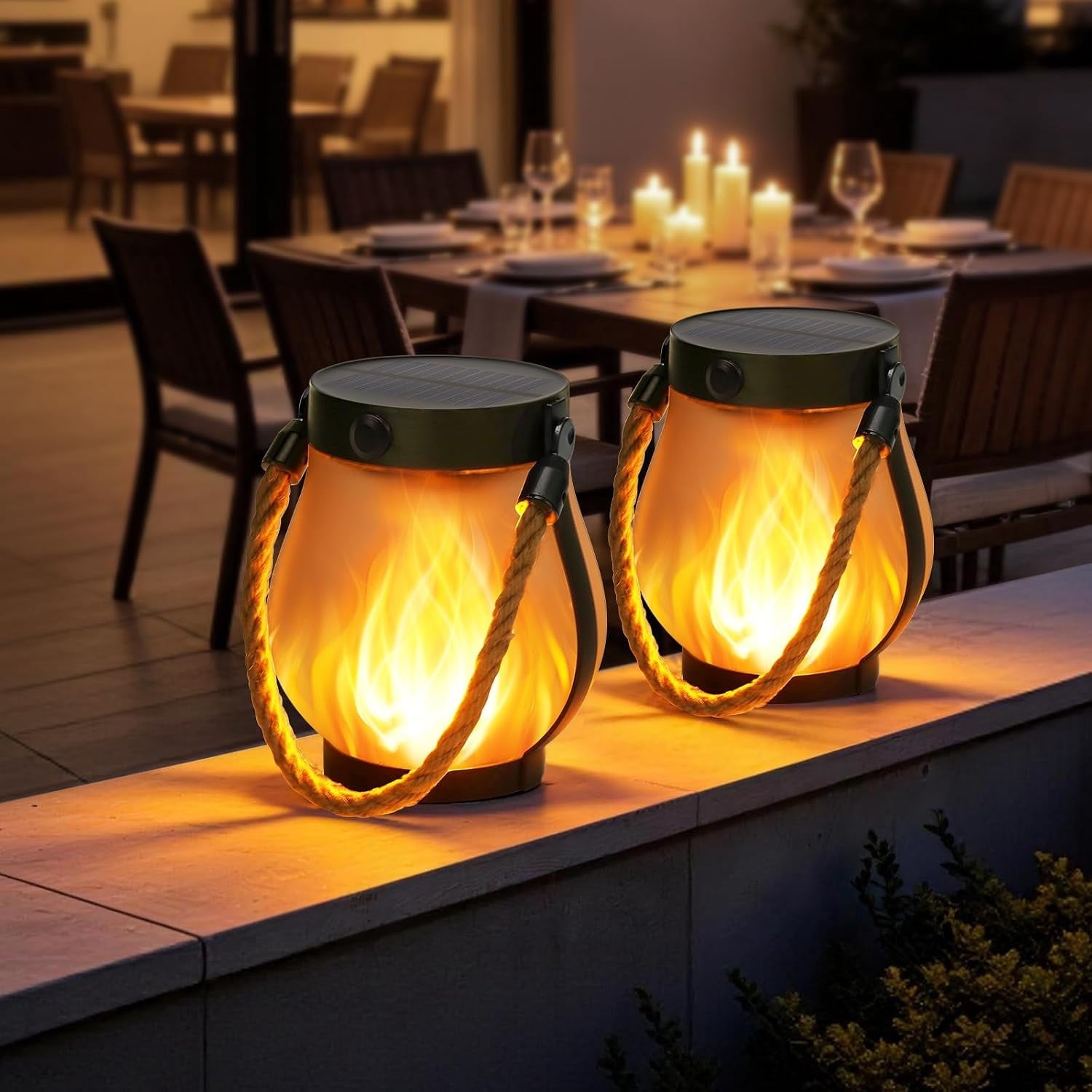 Gkcity Solar Lanterns Outdoor with Ultra-Real Flame, Dual Charging (USB/Solar), 2 Modes & Outdoor Waterproof Design, Decorative Hanging/Table Lights for Yard Patio Garden, Halloween Camp Gear, 2 Pack