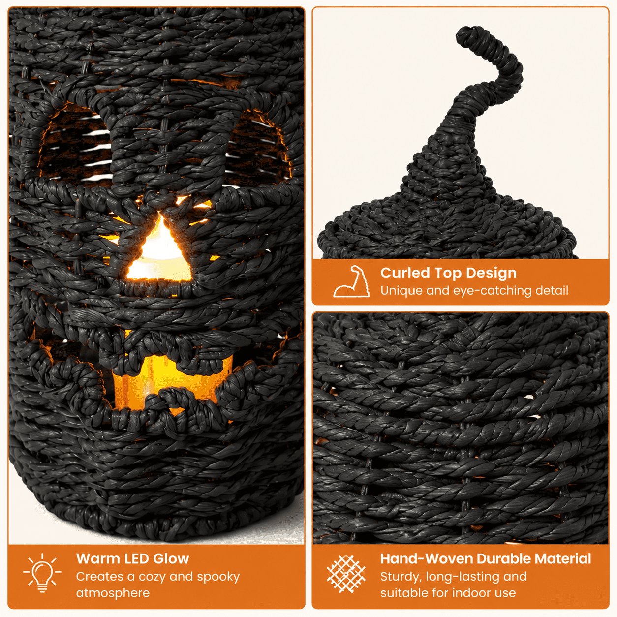 Halloween Woven Pumpkin Jack-O'-Lantern with LED Candle, Hand-Woven Rattan Fall Pumpkin Lantern Decor for Home Tabletop, Mantel, Spooky Haunted House Party Supplies Halloween Decorations Gifts