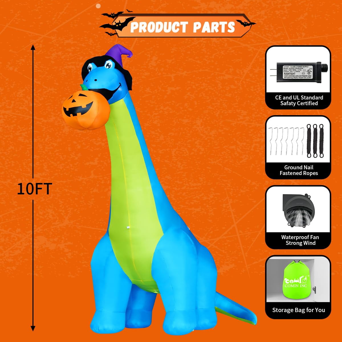 COMIN Halloween Inflatables 10 FT Tall Dinosaurs Eating Pumpkin Blow Up Yard Decoration with Built-in LED for Yard Garden Party Lawn