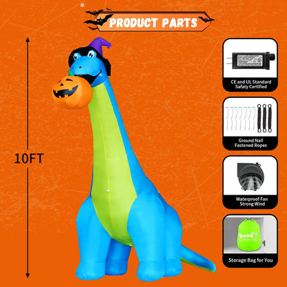 COMIN Halloween Inflatables 10 FT Tall Dinosaurs Eating Pumpkin Blow Up Yard Decoration with Built-in LED for Yard Garden Party Lawn