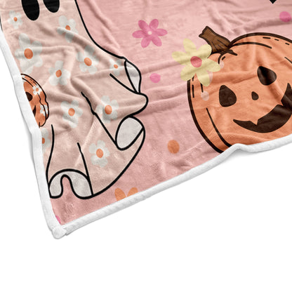 Halloween Throw Blanket, Pink Cute Spooky Ghost Pumpkin Bat Cozy Soft Blanket, Funny Pink Halloween Boo Flannel Baby Throw and Blankets Couch Sofa Bed Decor 50X60IN