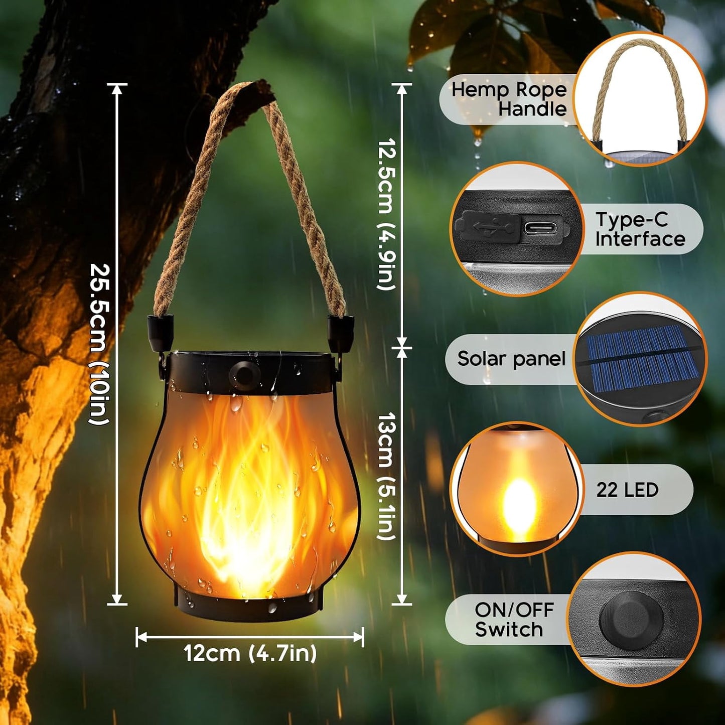 Gkcity Solar Lanterns Outdoor with Ultra-Real Flame, Dual Charging (USB/Solar), 2 Modes & Outdoor Waterproof Design, Decorative Hanging/Table Lights for Yard Patio Garden, Halloween Camp Gear, 2 Pack