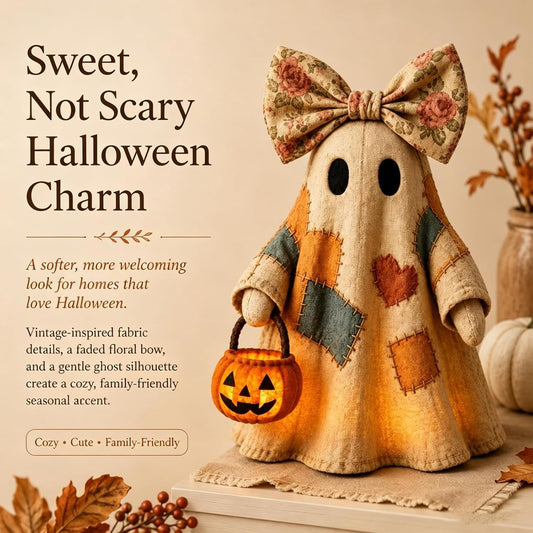 Lighted Vintage Patchwork Ghost, Light Up Ghost with Pumpkin Lantern Halloween Decor, 2026 Vintage Halloween Patchwork Ghosts Lamp
