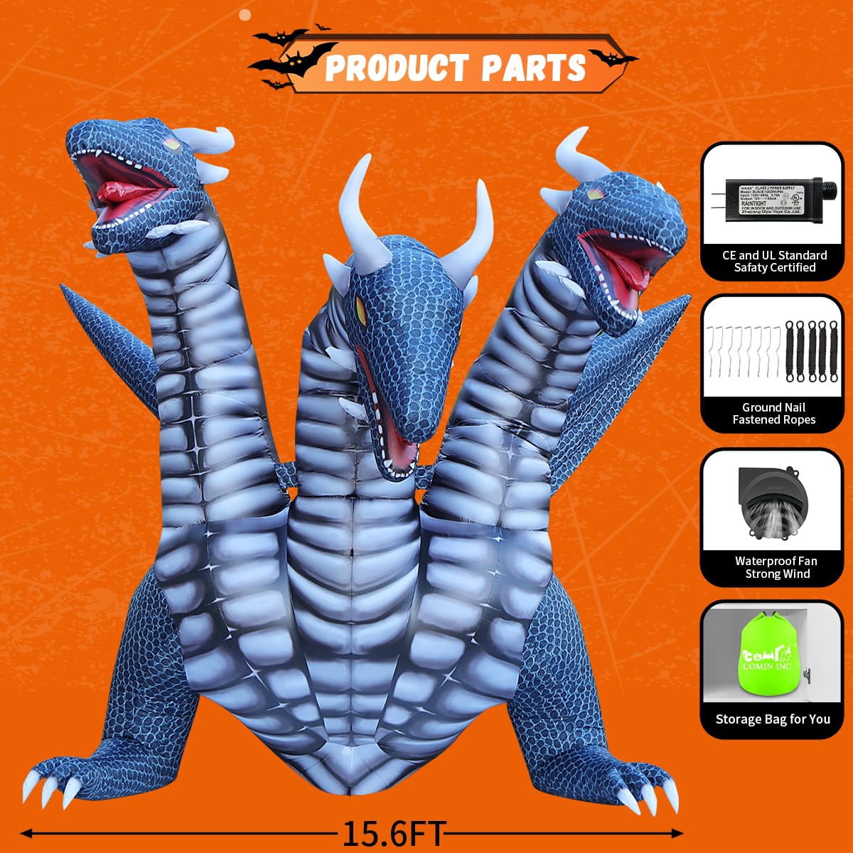 COMIN 15.6 FT Long Animated Halloween Inflatables Outdoor Decorations Black Hydra Dragon - Giant Yard Blow Up Decoration Built-in LED Lights for Halloween Party Yard Lawn Garden Patio Decor