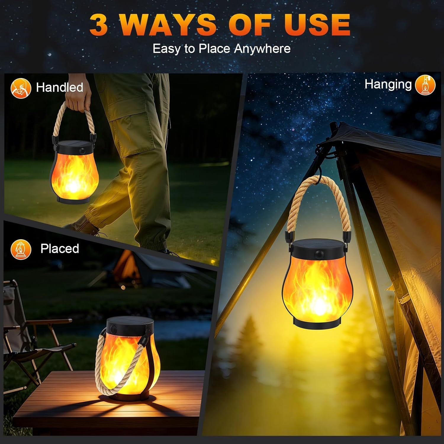 Gkcity Solar Lanterns Outdoor with Ultra-Real Flame, Dual Charging (USB/Solar), 2 Modes & Outdoor Waterproof Design, Decorative Hanging/Table Lights for Yard Patio Garden, Halloween Camp Gear, 2 Pack