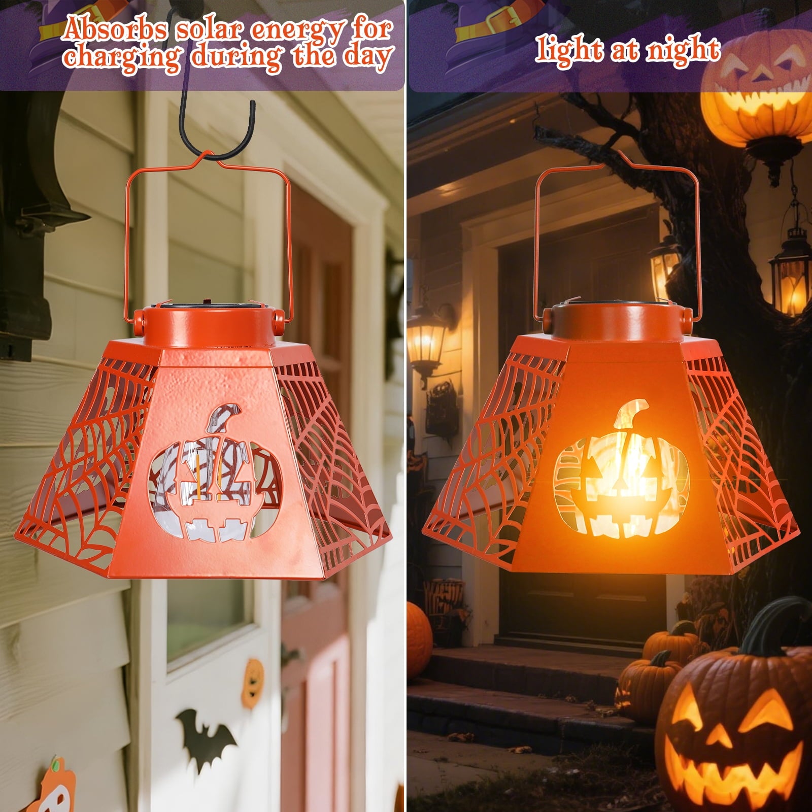 2PCS Halloween Pumpkin & Spider - Web Solar Lantern – Orange Metal Cutout Design with Jack - o'- Lantern Motifs, Solar - Powered LED Light for Garden, Patio & Festive Decor,2 PACK