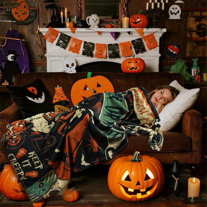 Spooky Season Halloween Skeleton and Pumpkin Throw Blanket with Trick or Treat and Boo Quote Soft Plush Fleece for Home Decor