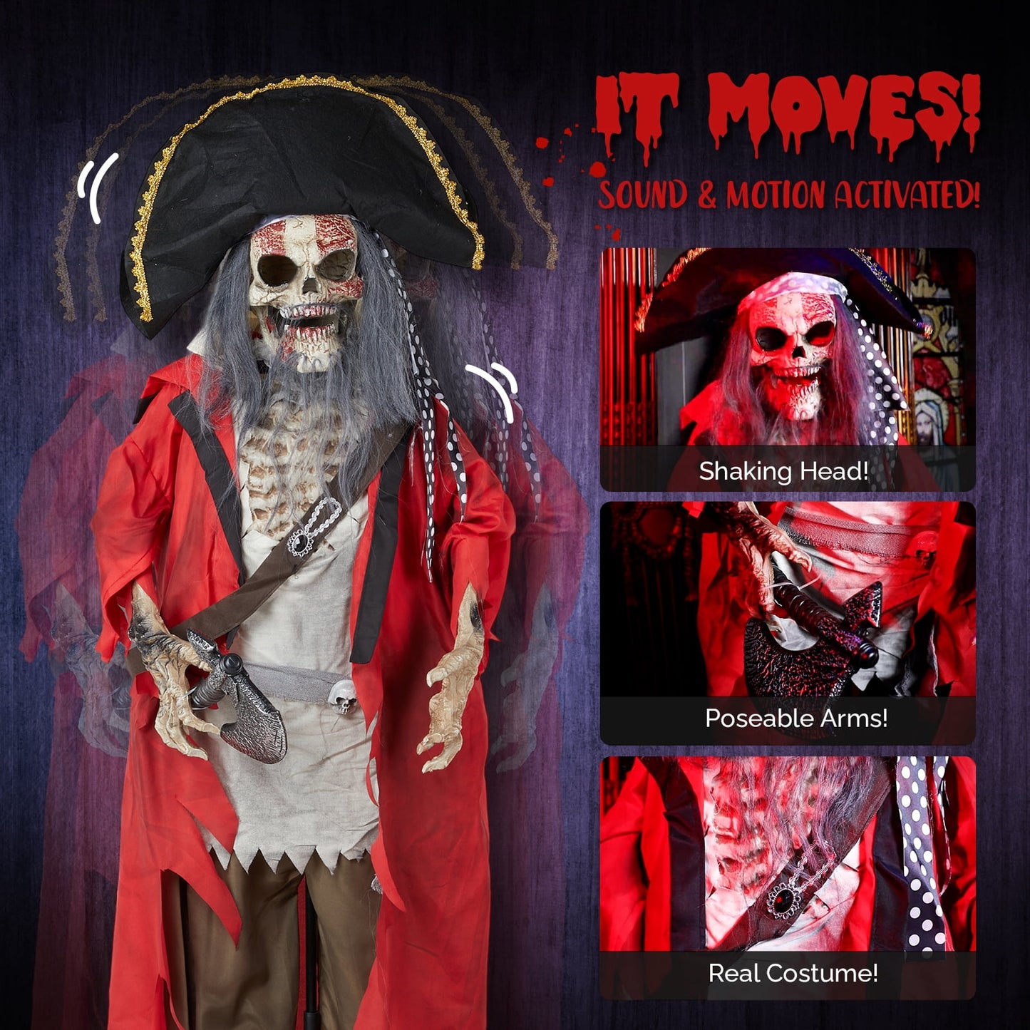 6ft Halloween Animated Animatronic Decoration Creepy Pirate w/ Pre-Recorded Screaming Ktaxon