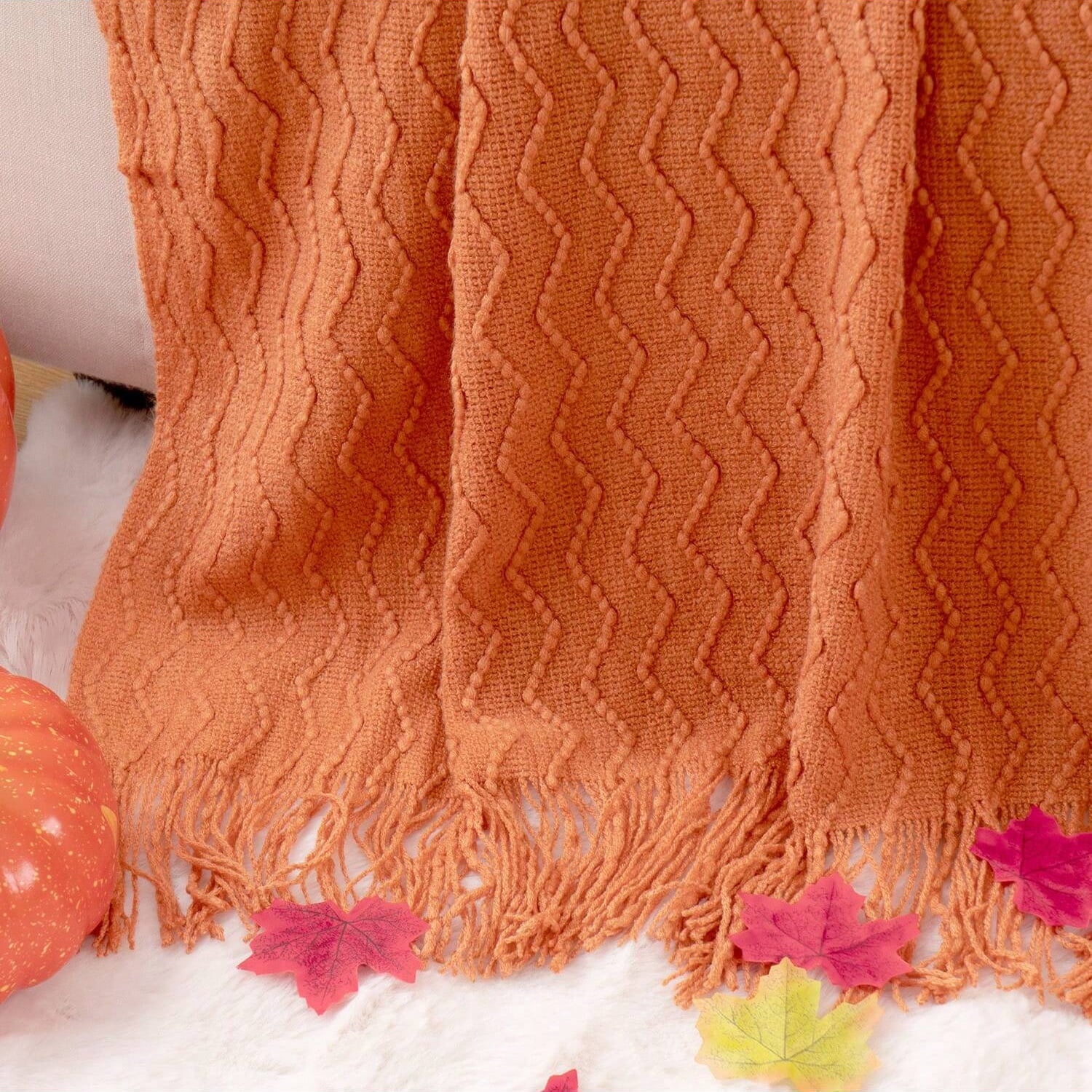 Battilo Burnt Orange Throw Blanket for Couch Bed,Fall Throws with Tassels,Halloween Blanket,50"x60"