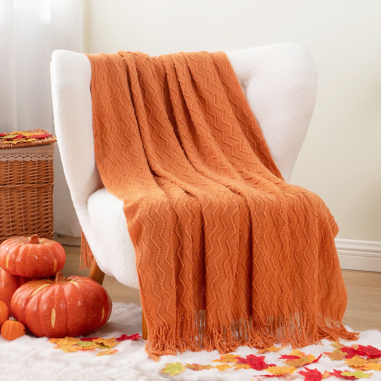Battilo Burnt Orange Throw Blanket for Couch Bed,Fall Throws with Tassels,Halloween Blanket,50"x60"