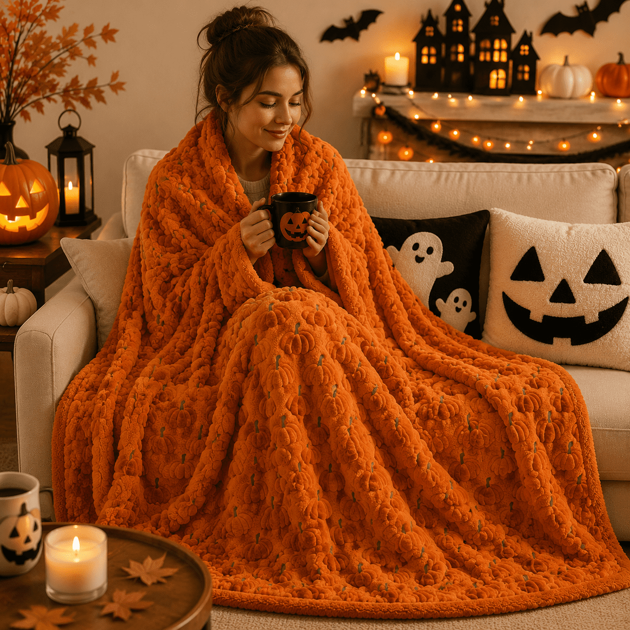 Halloween Faux Fur Throw Blanket with Cute Spooky Embroidery ,60x70 Soft Plush Cute 3D Tufted Ghost Blankets for Couch Sofa Bed, Creamy White Cozy Fall Halloween Decorations Gifts（Pumpkin）