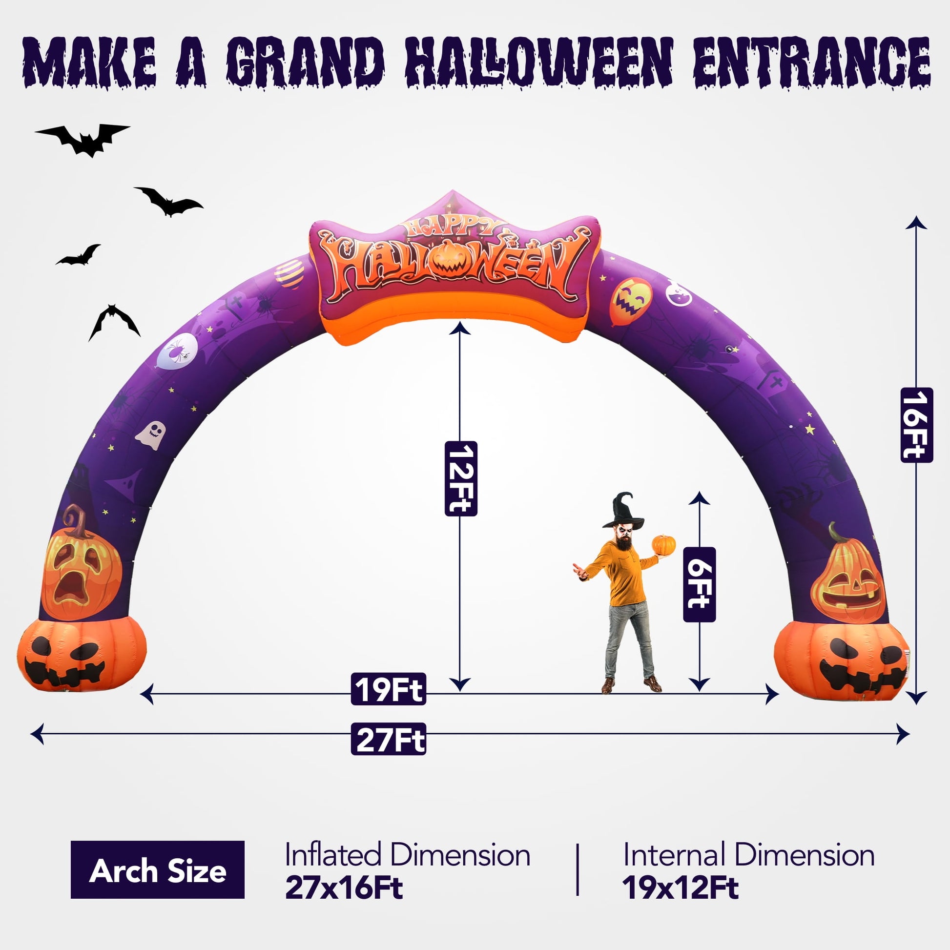 Wellcomer 27ft Halloween  Giant Inflatable Pumpkin Arch with Built-in Blower - Halloween Outdoor Decor