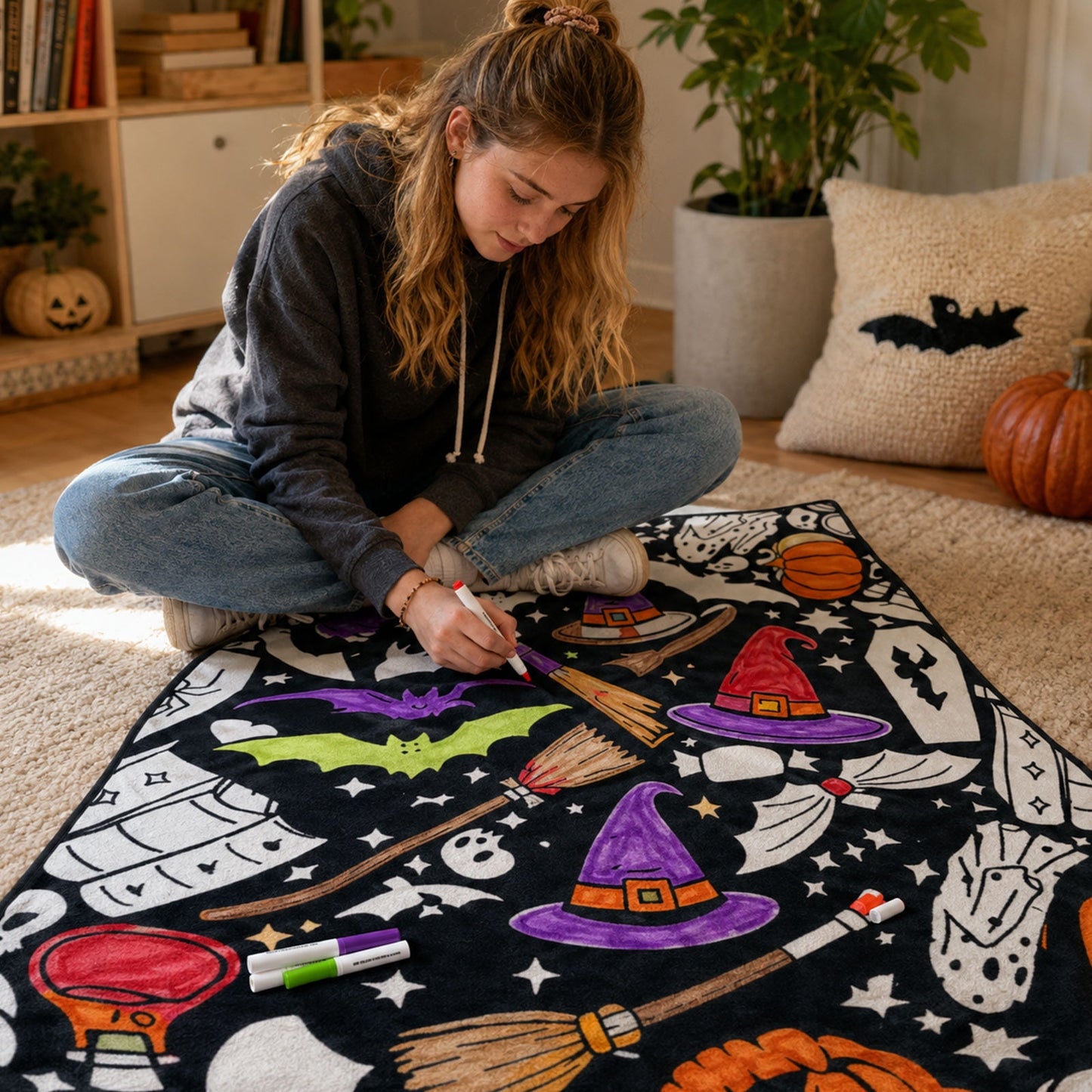 Washable DIY Coloring Blanket, Color Your Own Throw Blanket for Adults & Kids, Creative Art Blankets, Personalized Home Decor for Gifts & Holidays (Halloween)