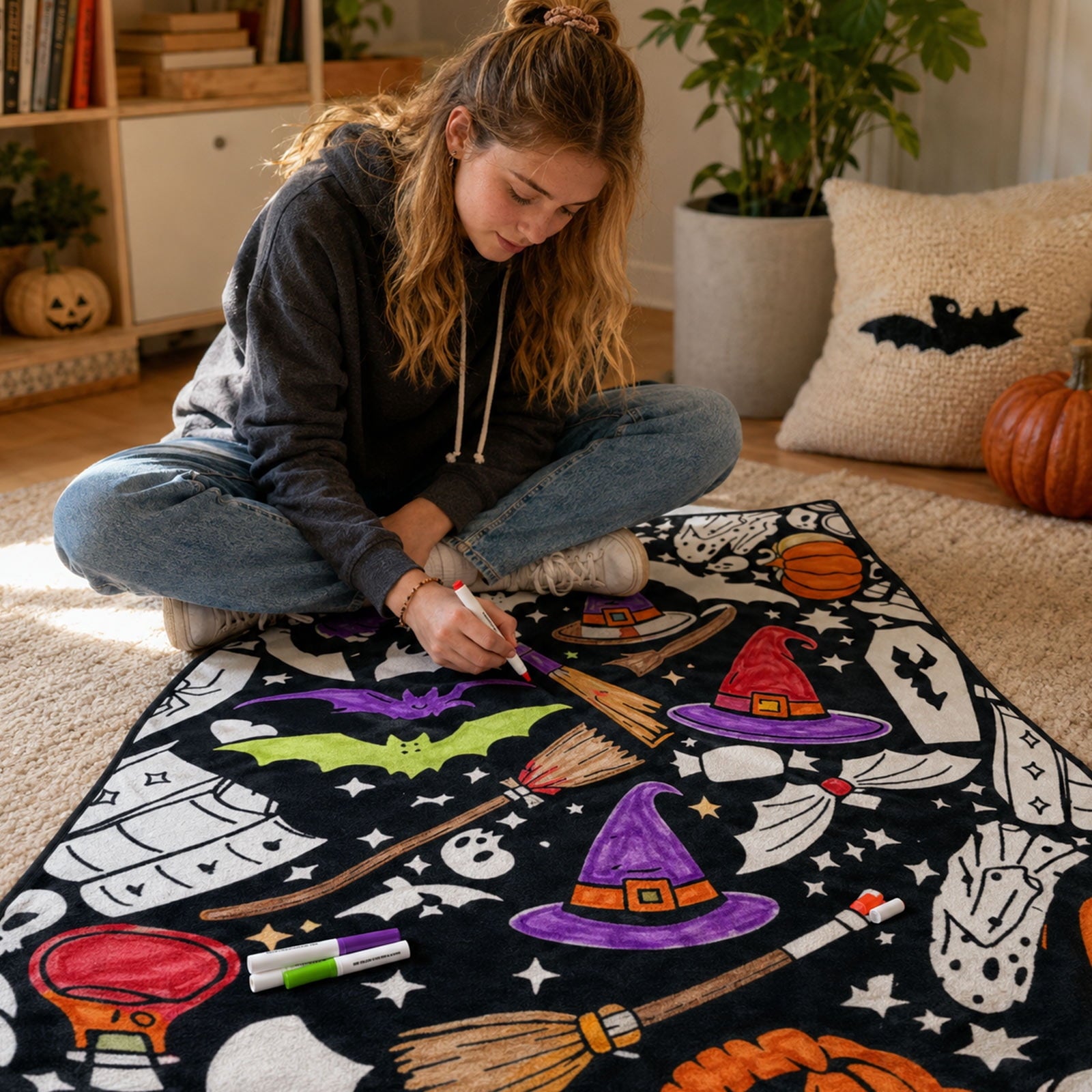Washable DIY Coloring Blanket, Color Your Own Throw Blanket for Adults & Kids, Creative Art Blankets, Personalized Home Decor for Gifts & Holidays (Halloween)