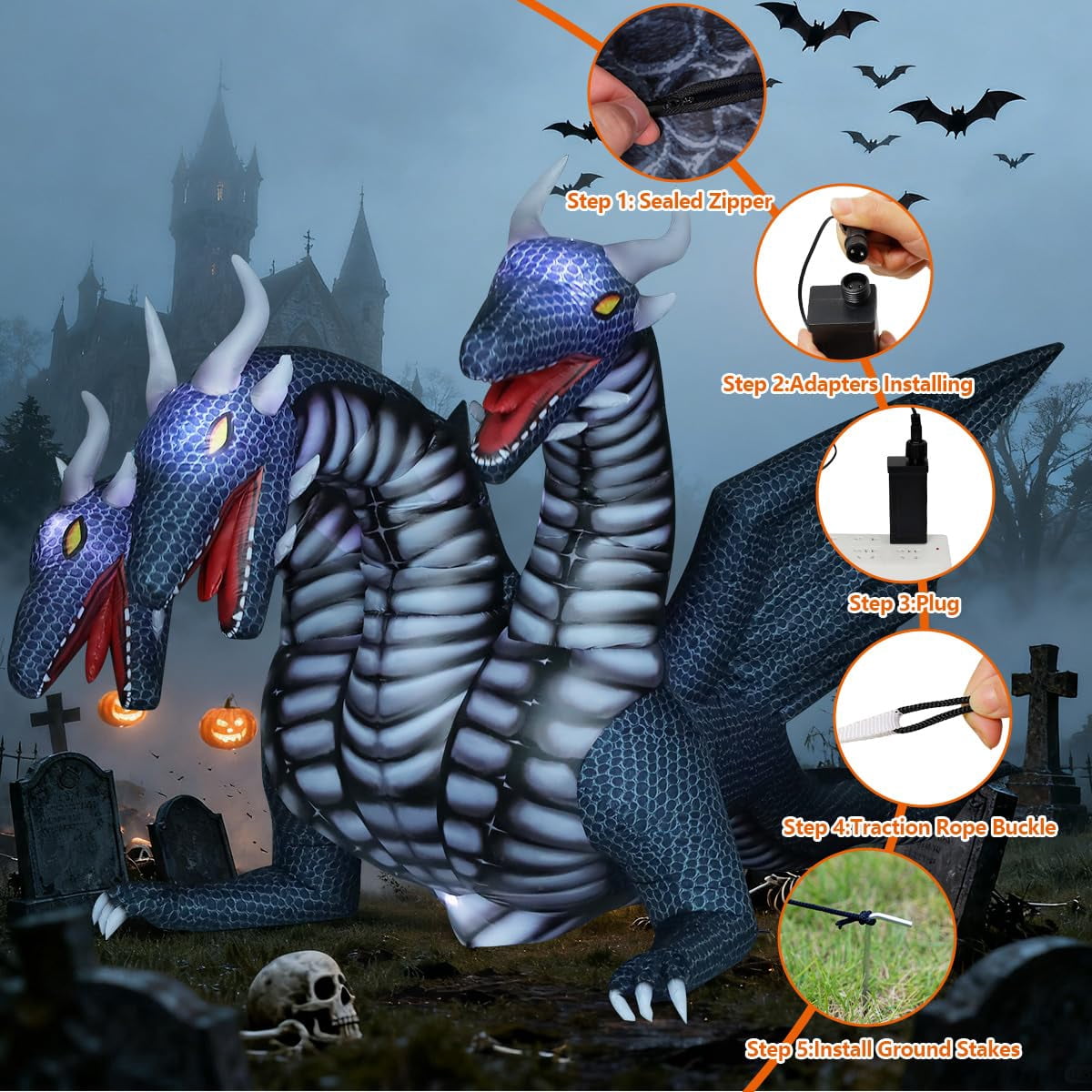 COMIN 15.6 FT Long Animated Halloween Inflatables Outdoor Decorations Black Hydra Dragon - Giant Yard Blow Up Decoration Built-in LED Lights for Halloween Party Yard Lawn Garden Patio Decor