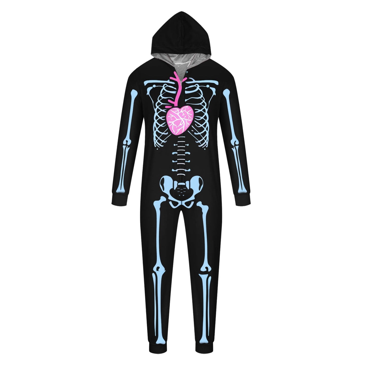 CLOISE Matching Family Pajamas Halloween Skeleton Onesie Pjs for Men Hooded Zip Sleepwear Soft Long Sleeve Loungewear Funny Halloween Clothes Winter Black L