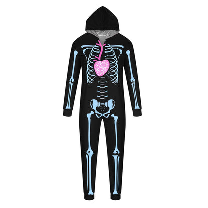 CLOISE Matching Family Pajamas Halloween Skeleton Onesie Pjs for Men Hooded Zip Sleepwear Soft Long Sleeve Loungewear Funny Halloween Clothes Winter Black L