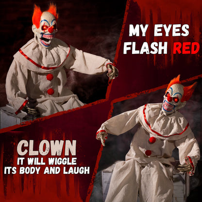 Halloween Animatronic Sitting Clown Animated Decorations - Sound Activated with Creepy Sound, Light Up Eyes, Scary Move, Haunted House Holiday Spooky Decor Horror Prop, for Indoor Outdoor