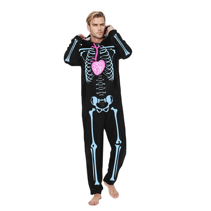 CLOISE Matching Family Pajamas Halloween Skeleton Onesie Pjs for Men Hooded Zip Sleepwear Soft Long Sleeve Loungewear Funny Halloween Clothes Winter Black L