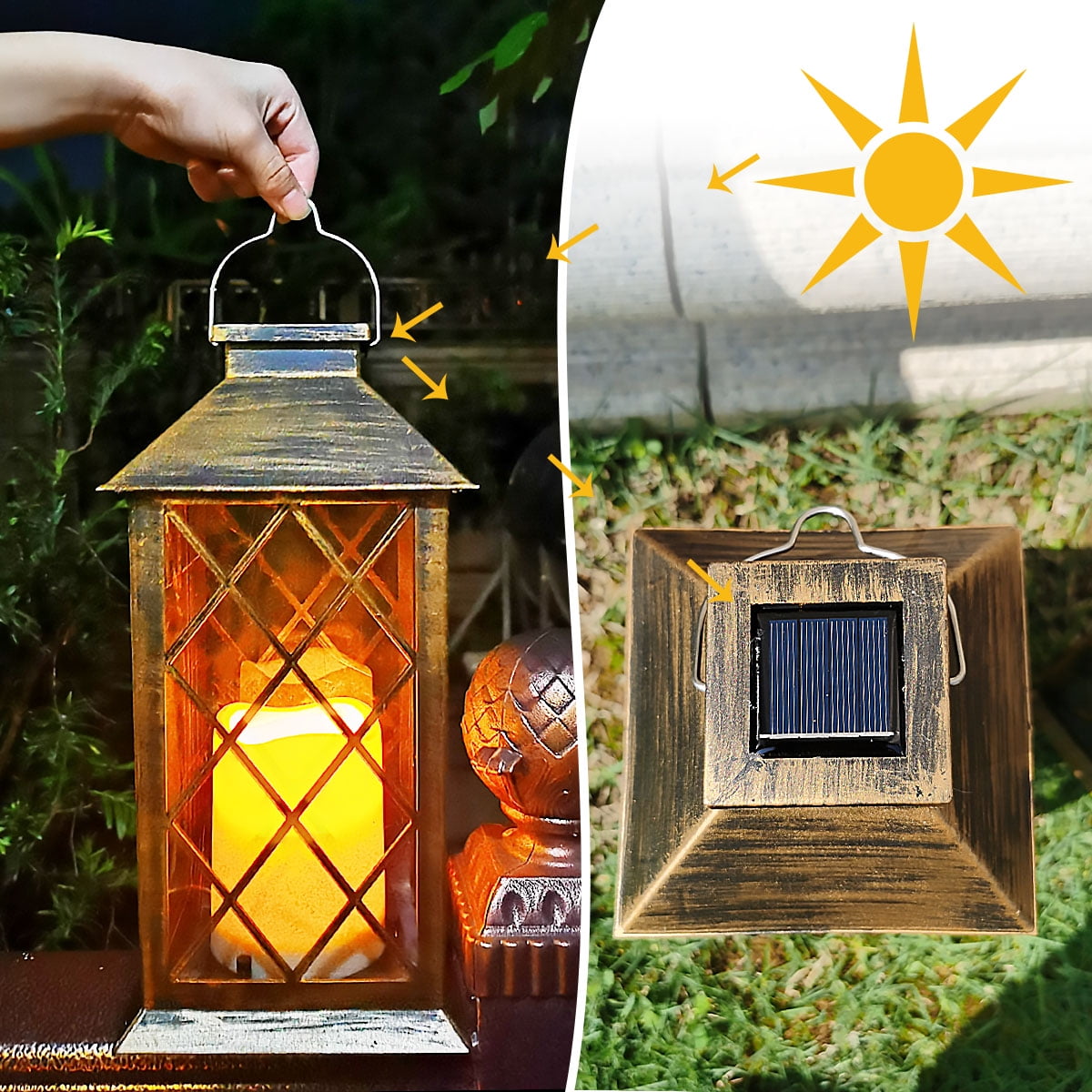 GLUAAE 14" Set of 2 Outdoor Solar Candle Lantern Flickering Flameless LED Candle/Plastic Hanging Solar Garden Light/Decorative Lantern For Patio Pathway Deck Christmas Halloween Garden Decor