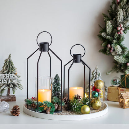 Glasseam Lantern Decorative Pillar Candle Holders Set of 2 Glass Hurricane Candle Holder for Halloween Front Porch Fireplace Outdoor Decor Black
