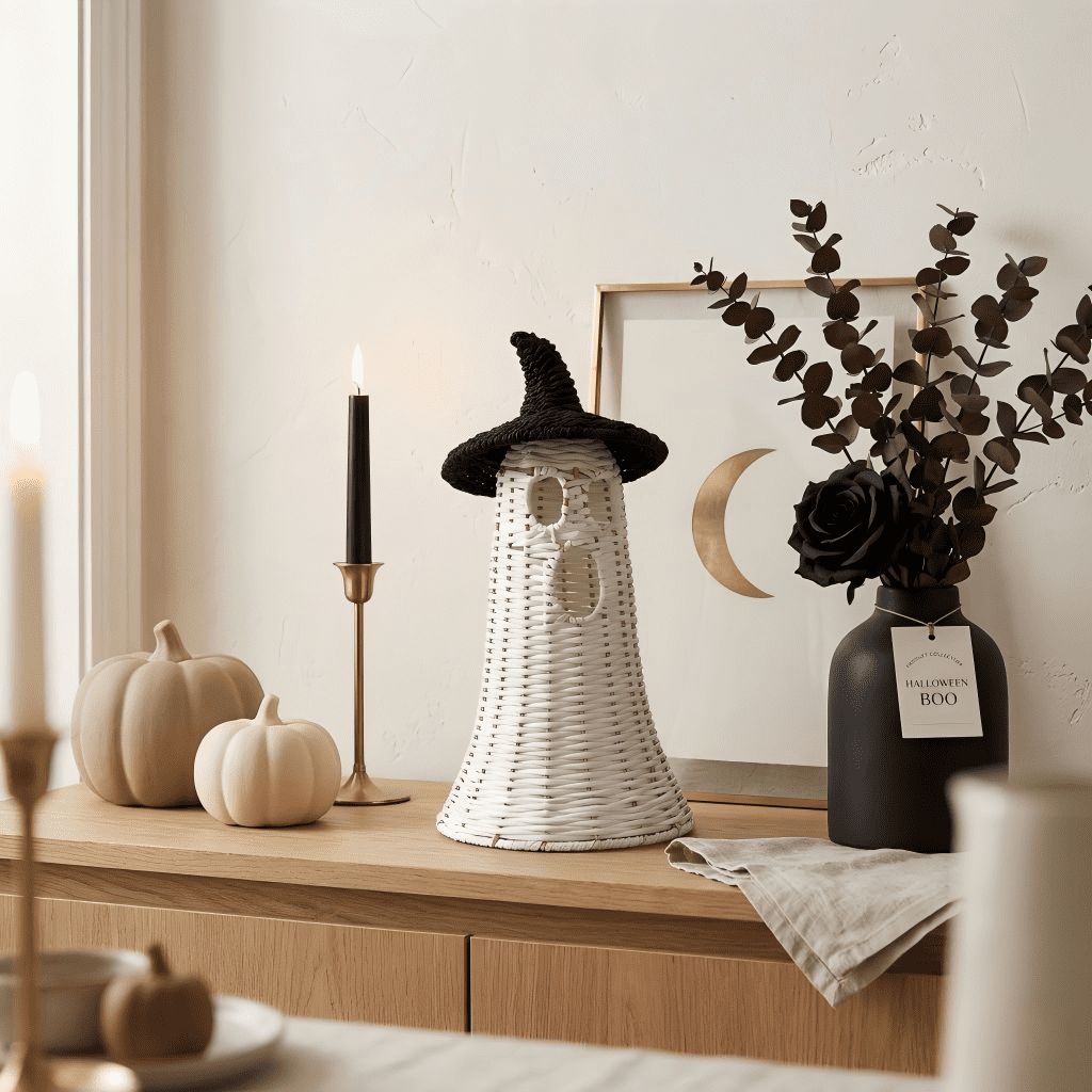 Handwoven Wicker Ghost with Detachable Witch Hat Lid - Rustic Rattan Style Spooky Lantern Centerpiece Halloween Decoration, Dark Botanical & Farmhouse Tabletop Mantle Decor, 13.78", Black & White