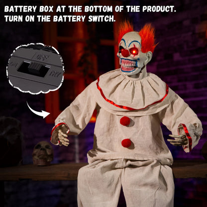 Halloween Animatronic Sitting Clown Animated Decorations - Sound Activated with Creepy Sound, Light Up Eyes, Scary Move, Haunted House Holiday Spooky Decor Horror Prop, for Indoor Outdoor