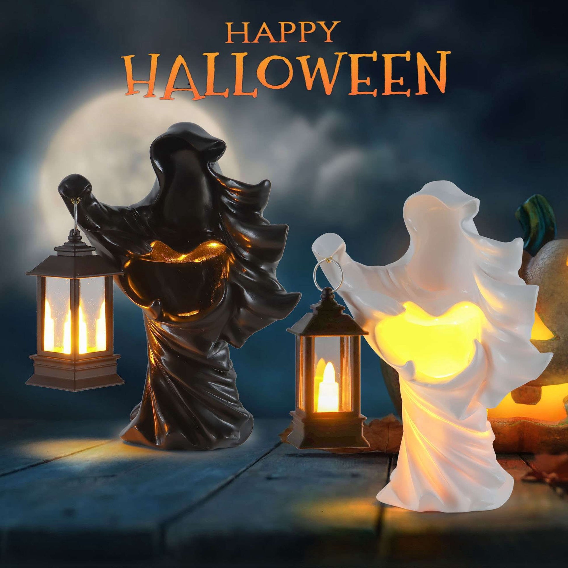 Gustave 2 Pack Halloween Hell Messenger Lantern Faceless Witch Resin Sculpture with LED Lantern Scary Ghost Statue Candle Light for Home Party Decoration "Black & White"