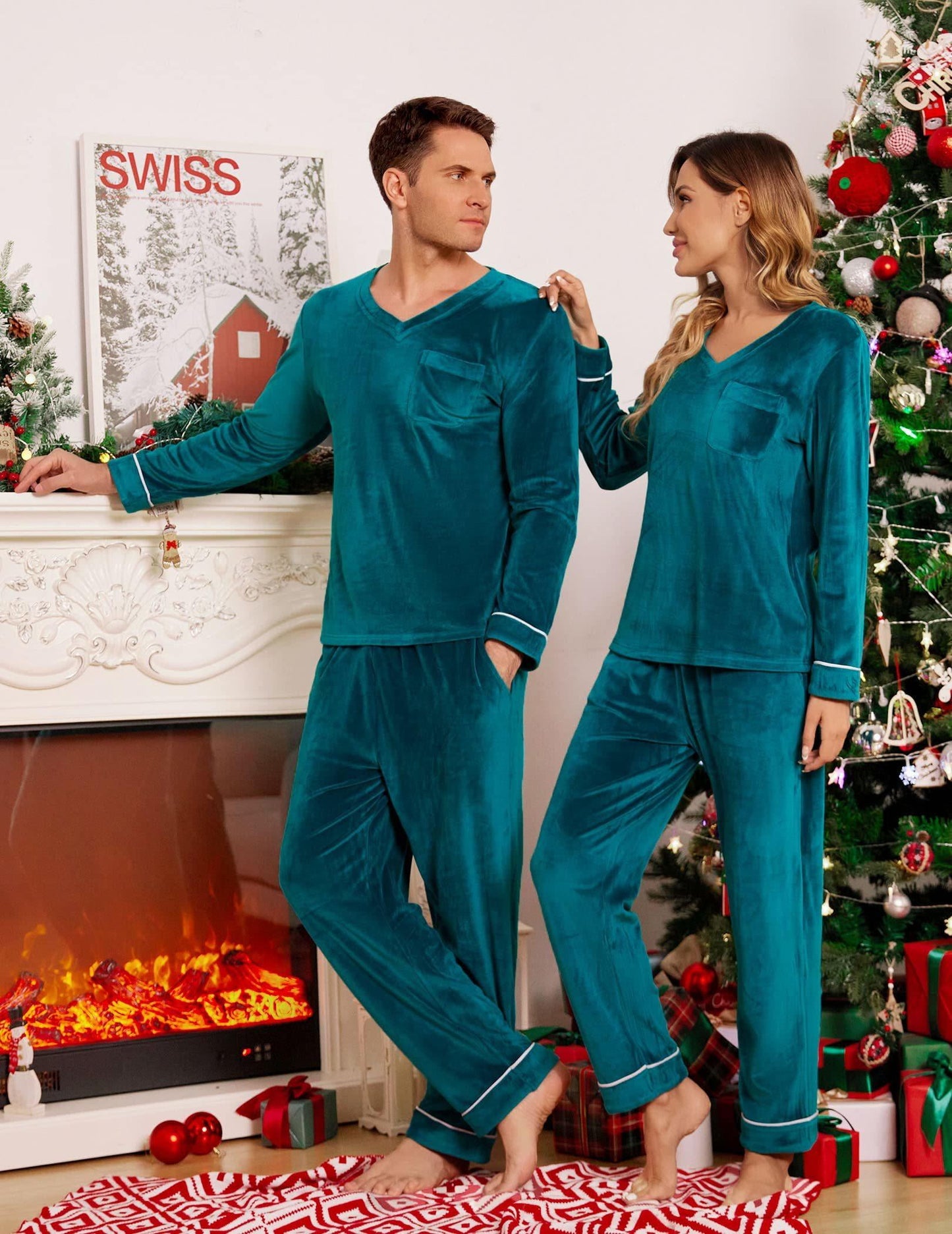Ekouaer Couples Matching Pajamas Sets Velvet PJs Set for Men and Women Velour Long Sleeve Sleepwear