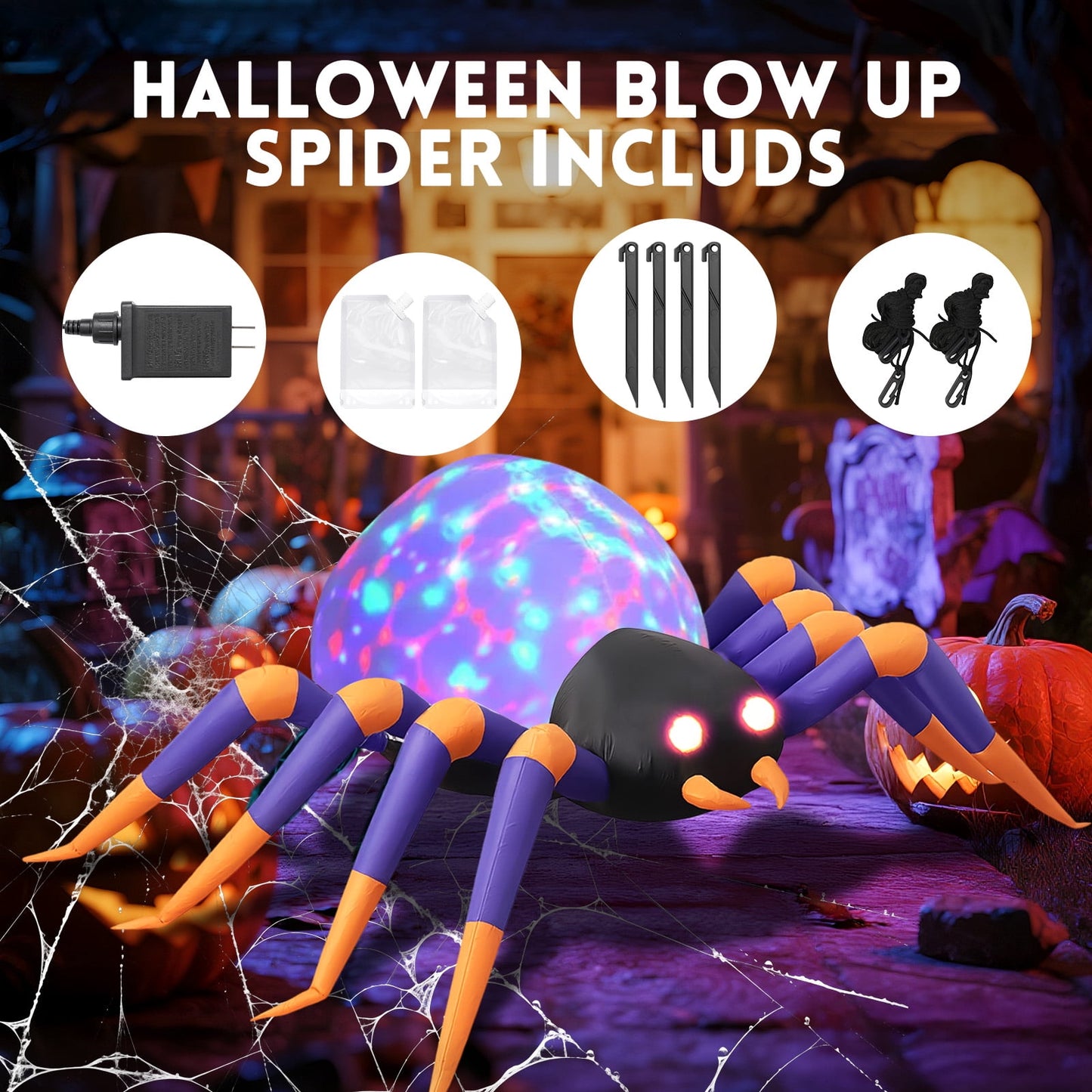 GVDV 8 FT Halloween Spider Inflatables Outdoor Decorations, Blow Up Yard Decoration with Built-in LED Lights for Holiday, Party, Yard, Garden