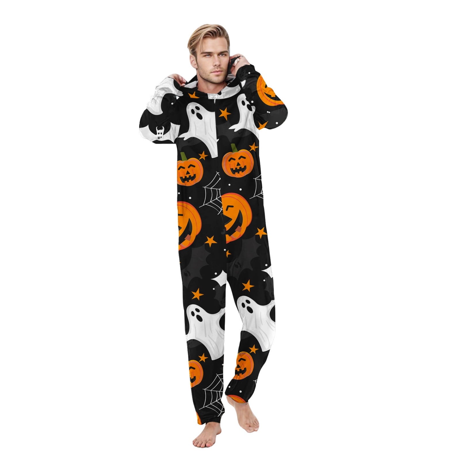 Miqool Family Matching Halloween Onesie Pajamas, Funny Pumpkin Printed Long Sleeve Pjs Soft Sleepwear One-Piece Zipper Hooded Jumpsuit Jammies Loungewear for Family Photography Outfit