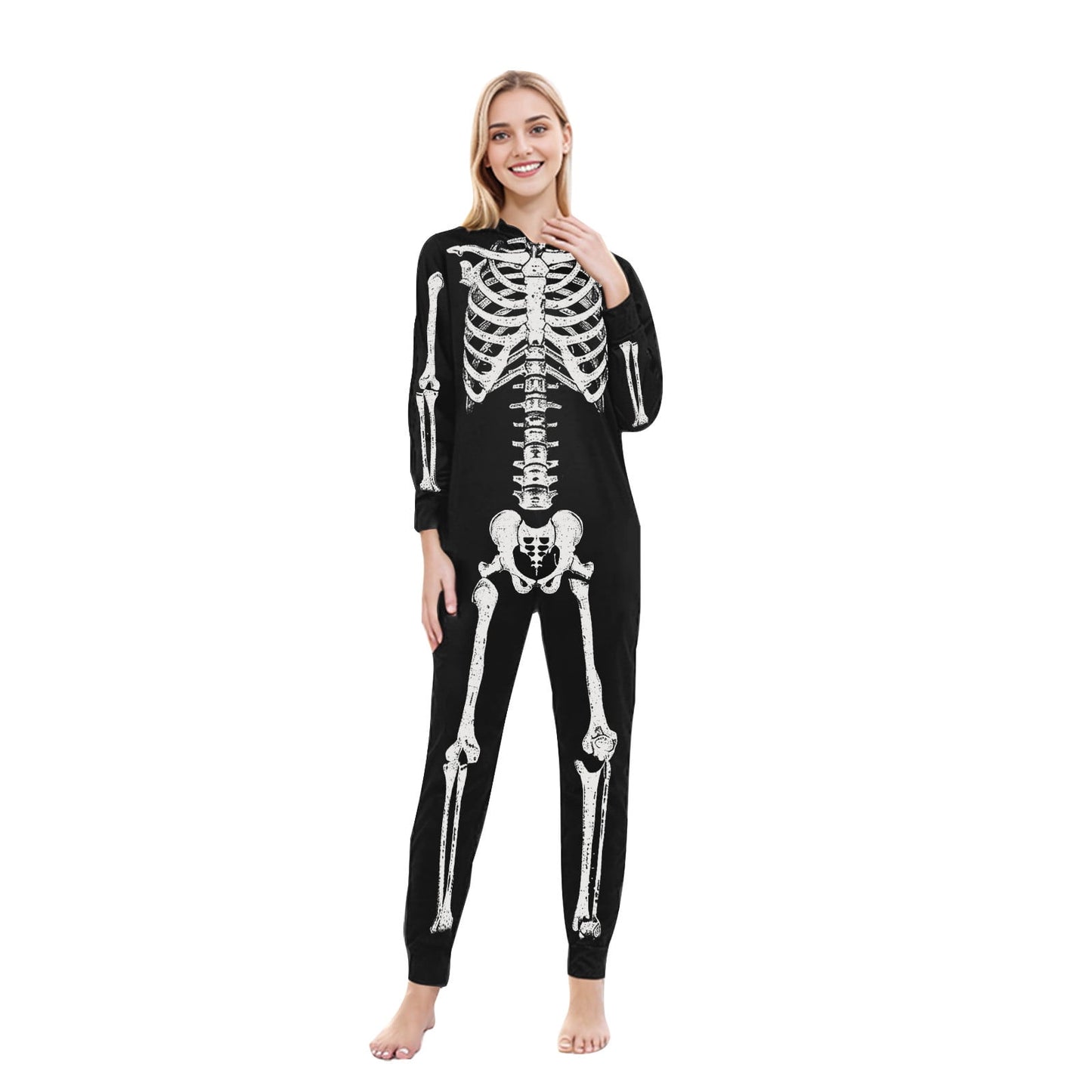 CLOISE Halloween Pajamas Family Set Skeleton One Piece Pajamas for Women Hooded Zip up Pjs Comfort Long Sleeve Holiday Loungewear Funny Halloween Outfits Fall Black M