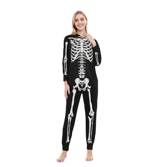 CLOISE Halloween Pajamas Family Set Skeleton One Piece Pajamas for Women Hooded Zip up Pjs Comfort Long Sleeve Holiday Loungewear Funny Halloween Outfits Fall Black M