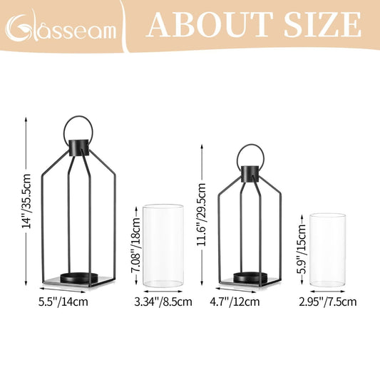Glasseam Lantern Decorative Pillar Candle Holders Set of 2 Glass Hurricane Candle Holder for Halloween Front Porch Fireplace Outdoor Decor Black